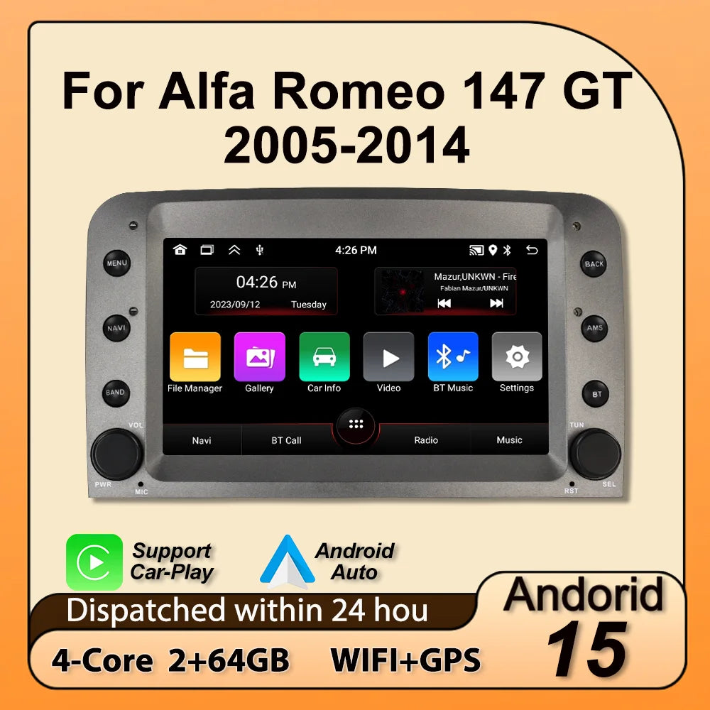 For Alfa Romeo 147 GT 2005-2014 Android 15 64G 1 Din Car Radio Carplay Central Multimedia