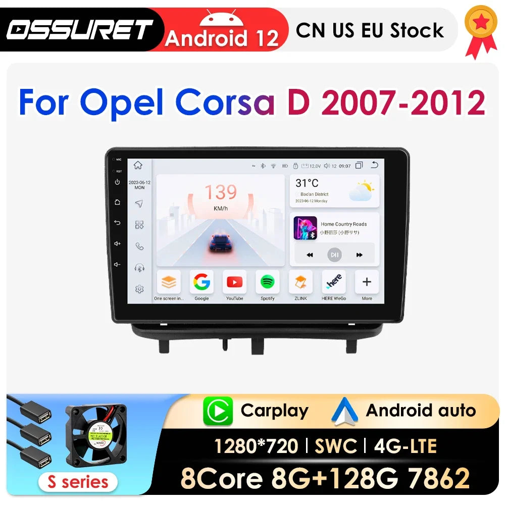 8G 128G Carplay 9" Android 12 Car Radio For Opel Corsa D 2007-2012 Hatchback Van Car Multi