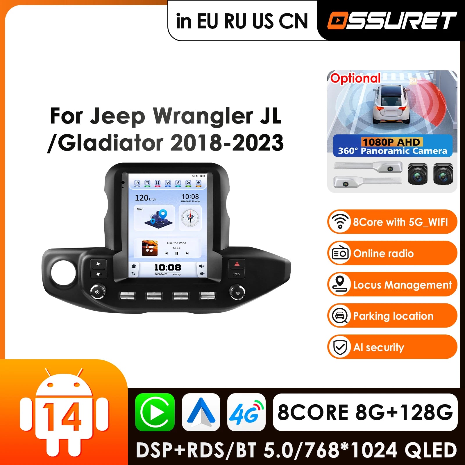 12.3" Car Radio GPS Android 14 for Jeep Wrangler JL 2018-2023 Gladiator QLED Bluetooth Navi 360° Camera - Multimedia Pla