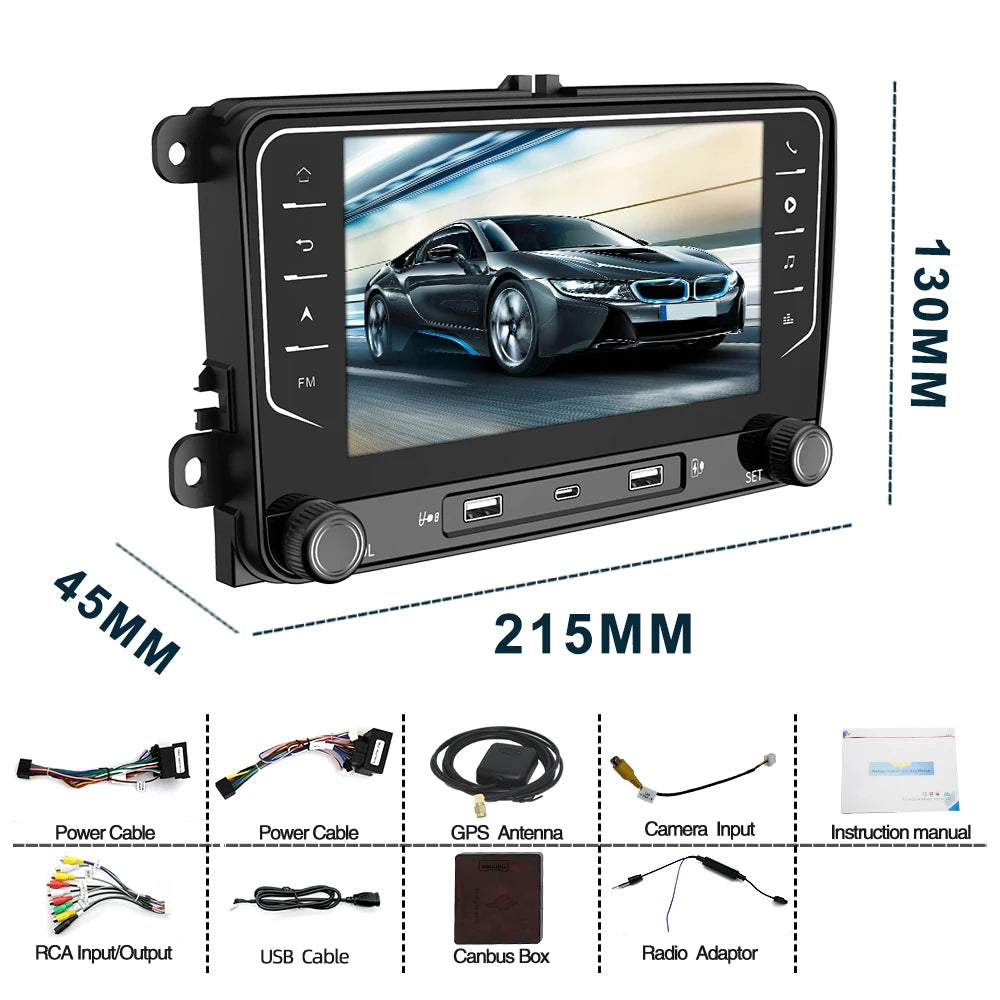 7" Android Car Radio GPS for Volkswagen Universal Model CarPlay Android Auto Bluetooth Steering Control - 2GB 64GB