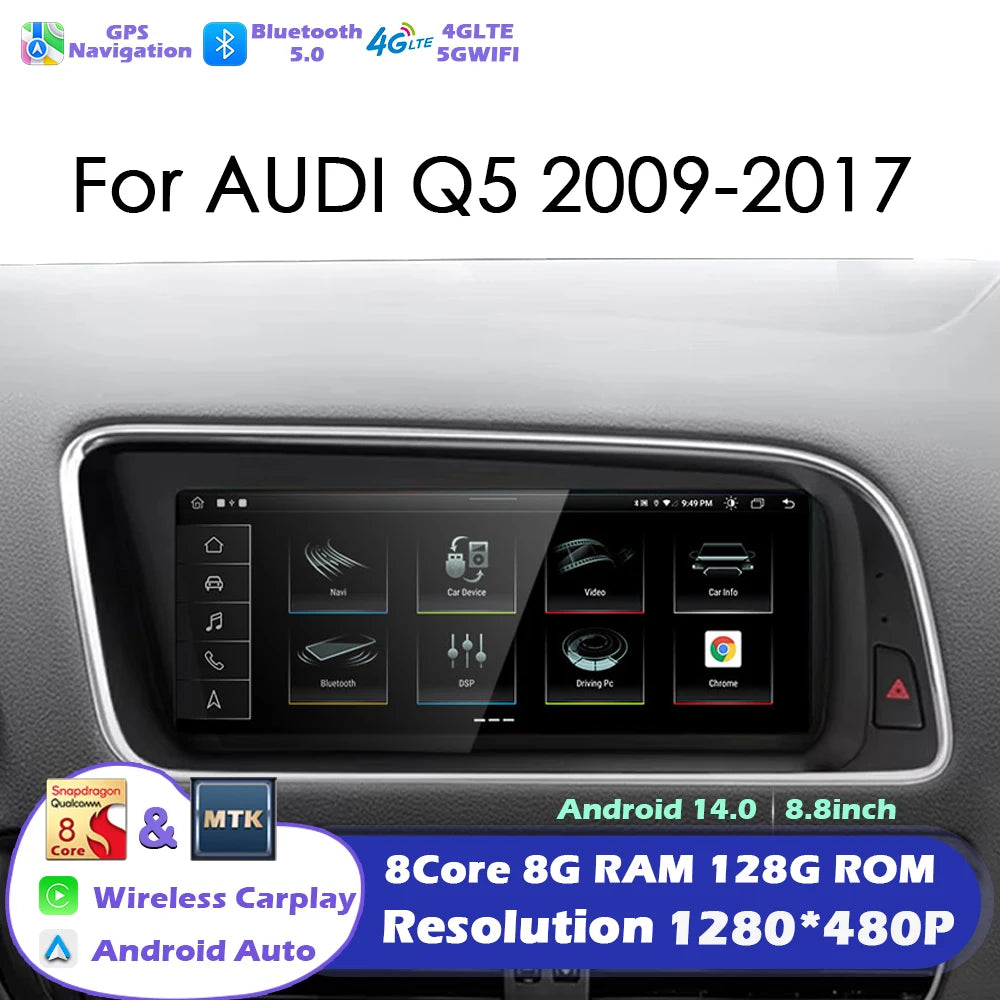 Android 14 Radio For 8.8 inch Audi Q5 2009 - 2017 Car Multimedia Player Navigation GPS Ste