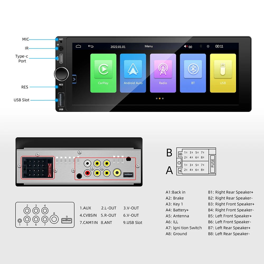 1DIN 6.86inch Universal MP5 Car Radio Support Wireless Carplay Android AUTO AUX USB  BT Touch Screen Multimedia Video Player