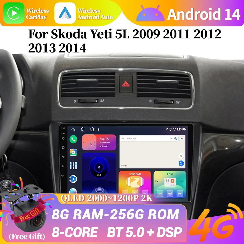 Android 14 Car Radio For Skoda Yeti 5L 2009 2010 2011 2012 2013 2014 Stereo Auto Wireless