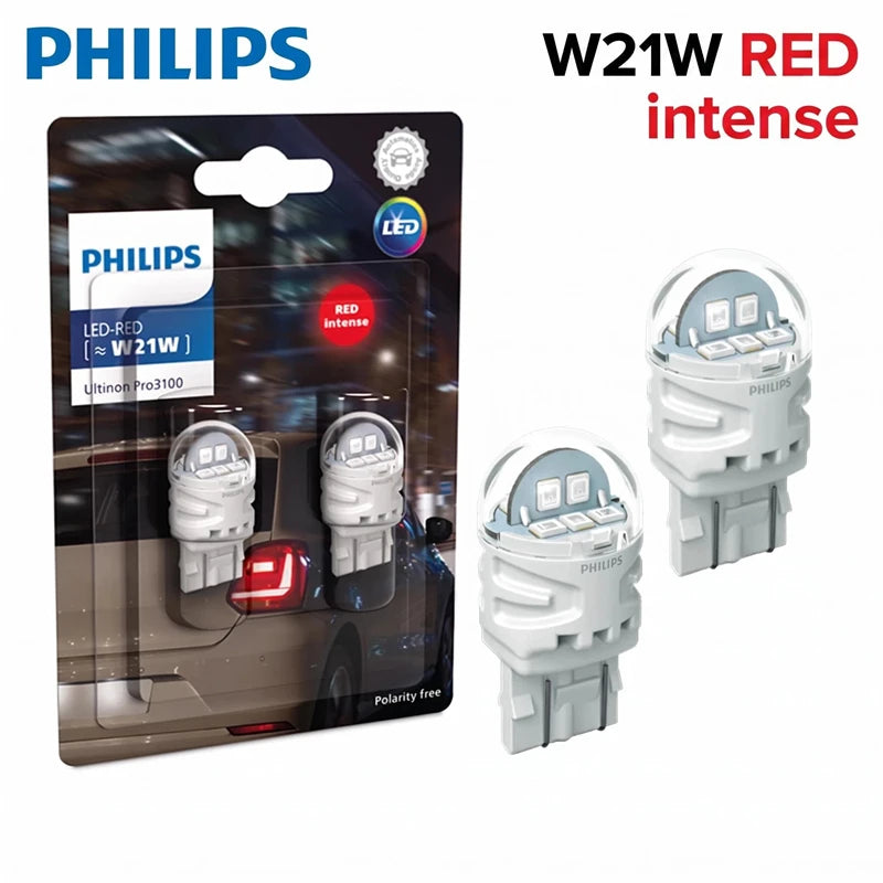 Philips W21W T20 7440 LED Ultinon Red Color Car Turn Signal Indicators Bulbs Rear Fog Ligh