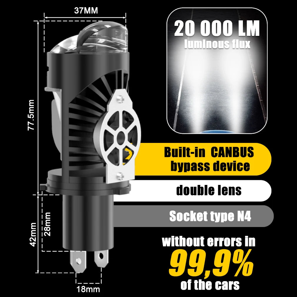 XSTORM H4 LED Lens Projector Headlight Canbus 100W 20000LM H4 LED Light Blubs for Car Doub