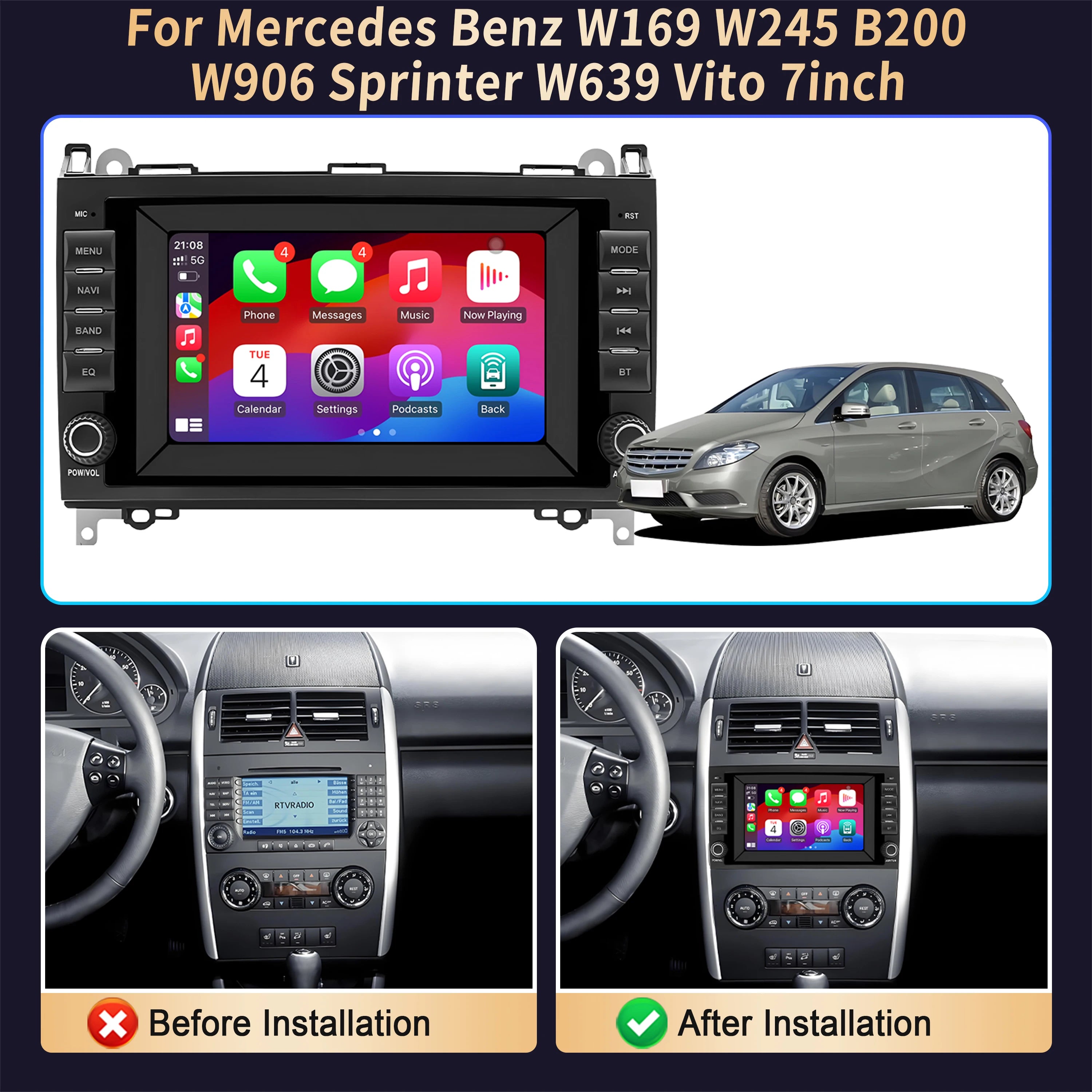 7 inch For Mercedes Benz W169 W245 B200 W906 Sprinter W639 Vito Car Radio Wireless BT CarP