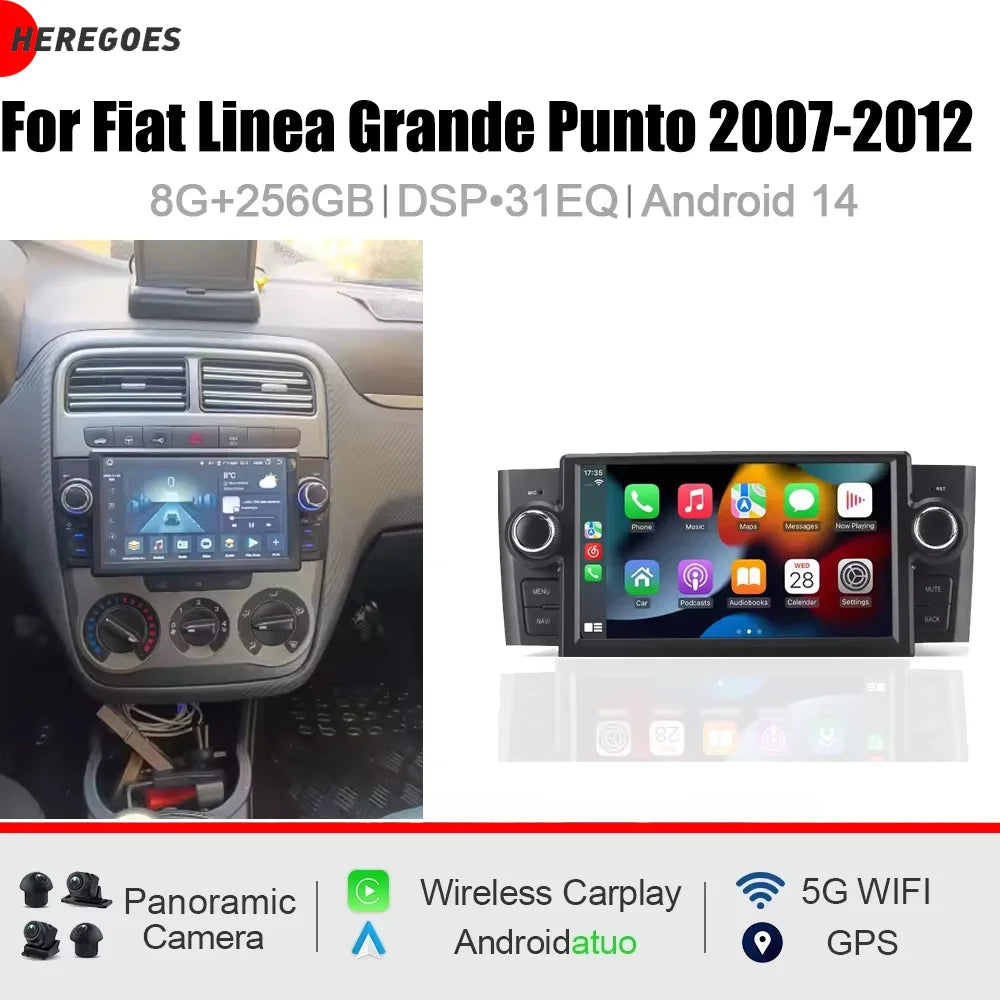 7" CarPlay Android 15.0 8 Core 12GB RAM 256GB ROM Car Radio GPS WiFi Autoradio Multimedia for Fiat Linea Grande Punto 20