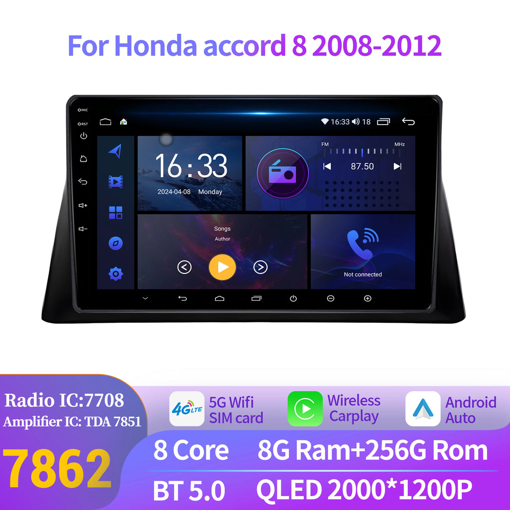 For Honda accord 8 2008-2012 Car Radio Multimedia Navigation Wireless Android 14 BT CarPla