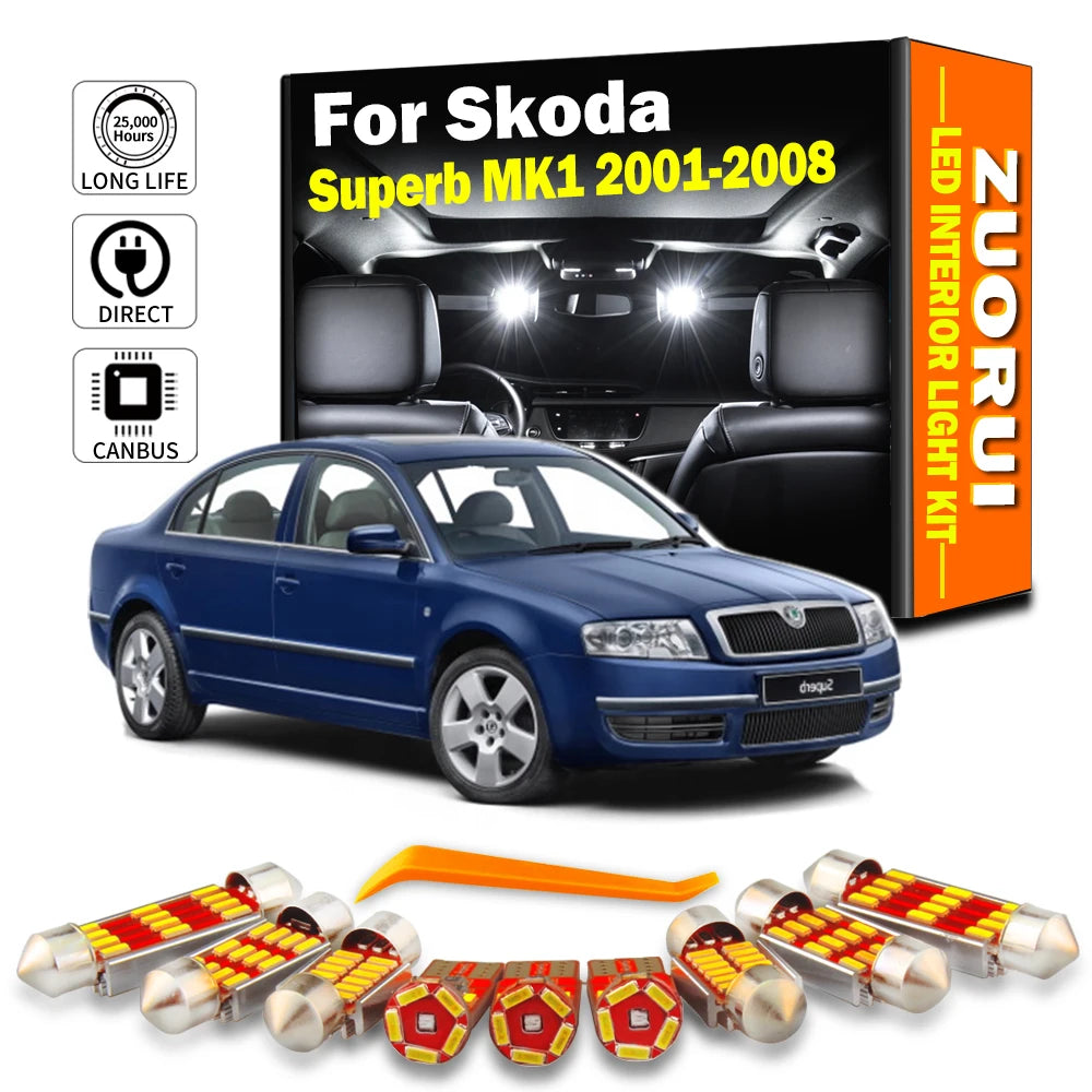 13-Piece LED Interior Light Kit for Skoda Superb 1 MK1 3U 3U4 2001- 2003 - Canbus Dome Map Door Trunk Bulbs | AUTOKIT...