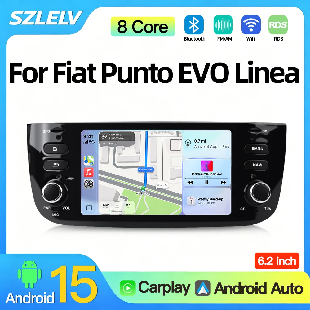 SZLELV Android 15 Auto Car Radio Wireless Carplay For Fiat Linea Punto EVO Multimedia Play