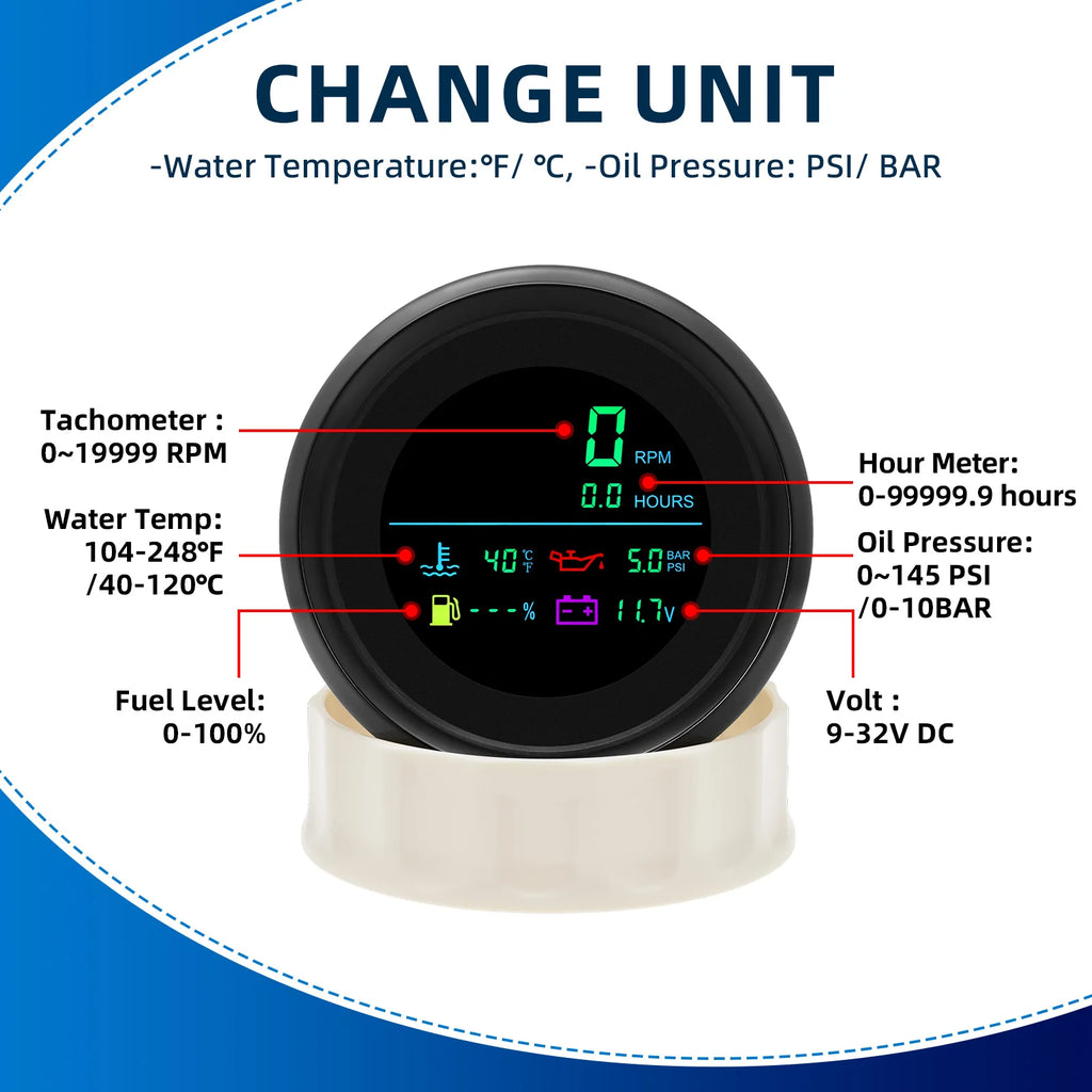 Universal 85MM 6 In 1 Gauge Multi-Function Tachometer Tach Fuel Gauge Water Temp Oil Pressure Vo - Automotive LED Light