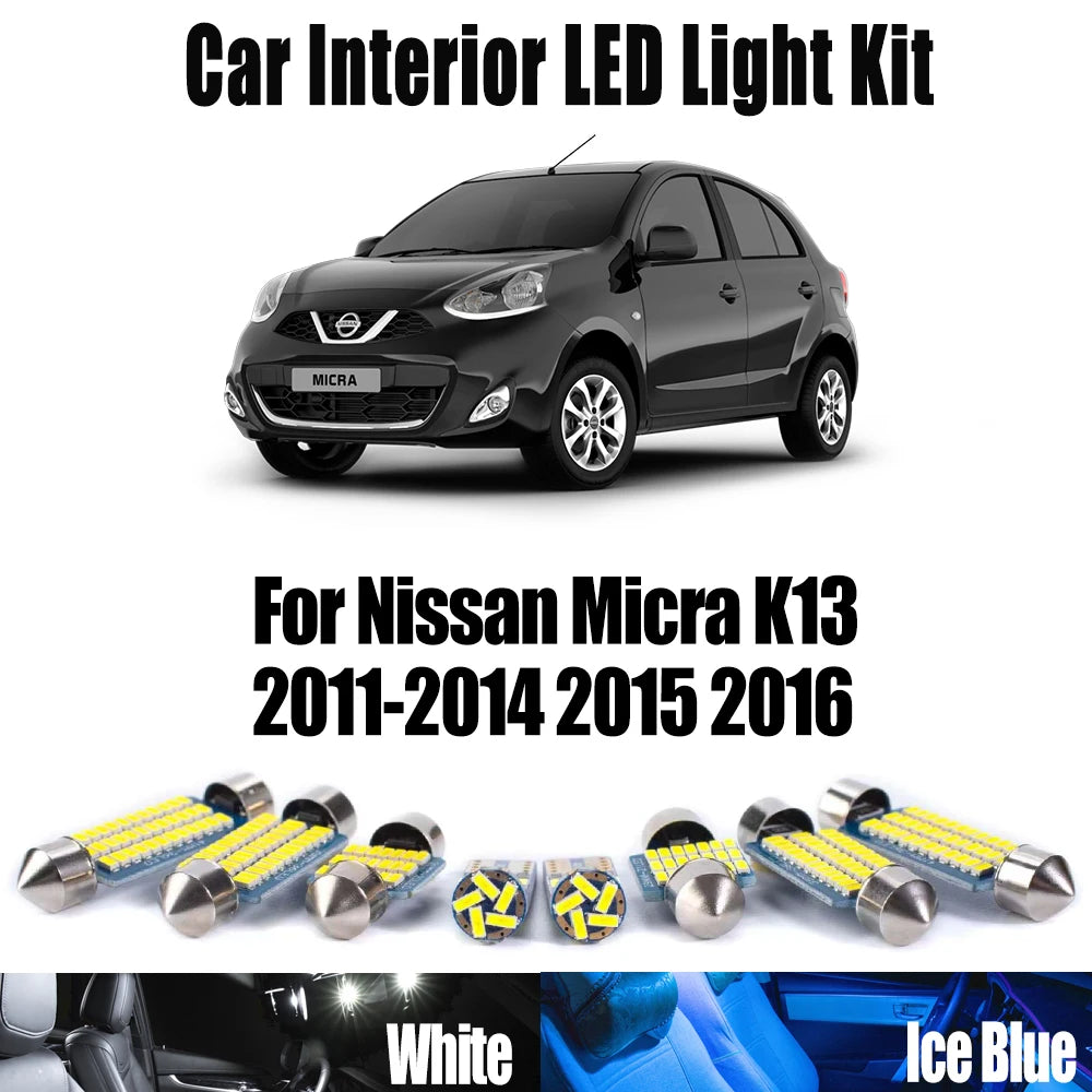 8-Piece LED Interior Light Kit for Nissan Micra K13 2011- 2015 - Canbus Dome Map Door Trunk Bulbs | AUTOKITSHOP