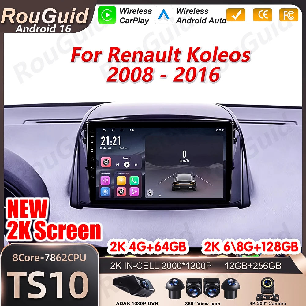 Android 16 Carplay For Renault Koleos 2008 2009 2010 - 2016 Car Radio Car Stereo BT 5G Wif | AUTOKITSHOP