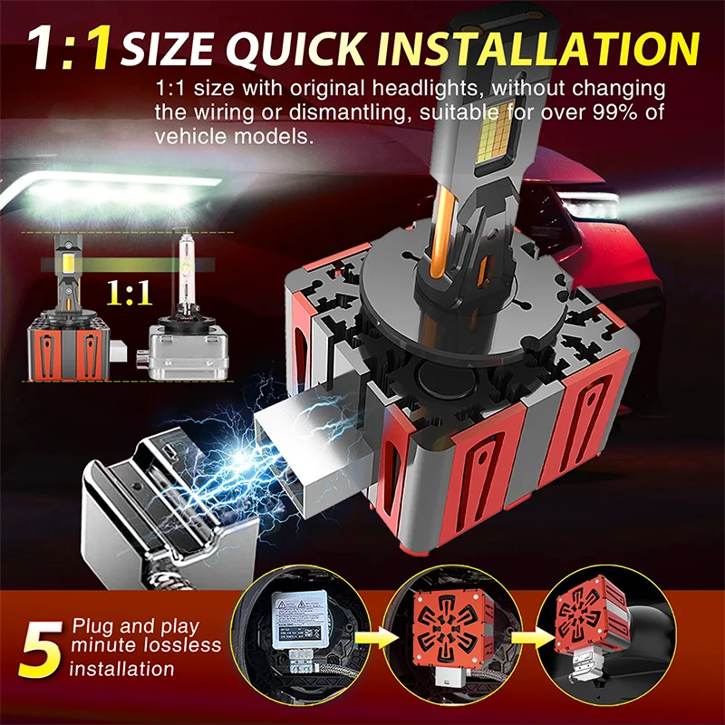 LED LED Headlights HID D1S D3S D8S 4500k and 6000k switchable wo-sided 56pcs CSP Chip 6500