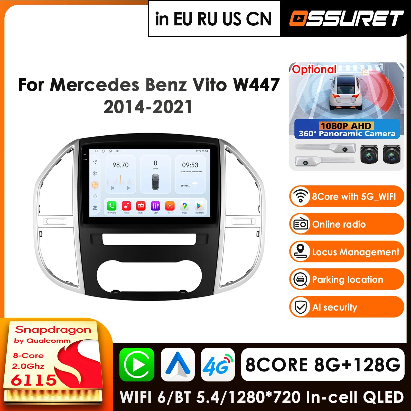 10.1" Car Radio GPS Android for Mercedes Benz Vito W447 2014-2021 Navigation Autoradio 360° Camera - 8Core 4G 64G