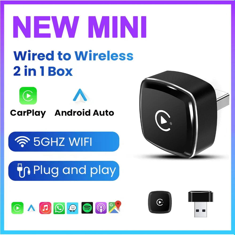2in1 Ultra Mini Wireless CarPlay Adapter Wireless Android Auto AI Smart Box Intelligent Sy
