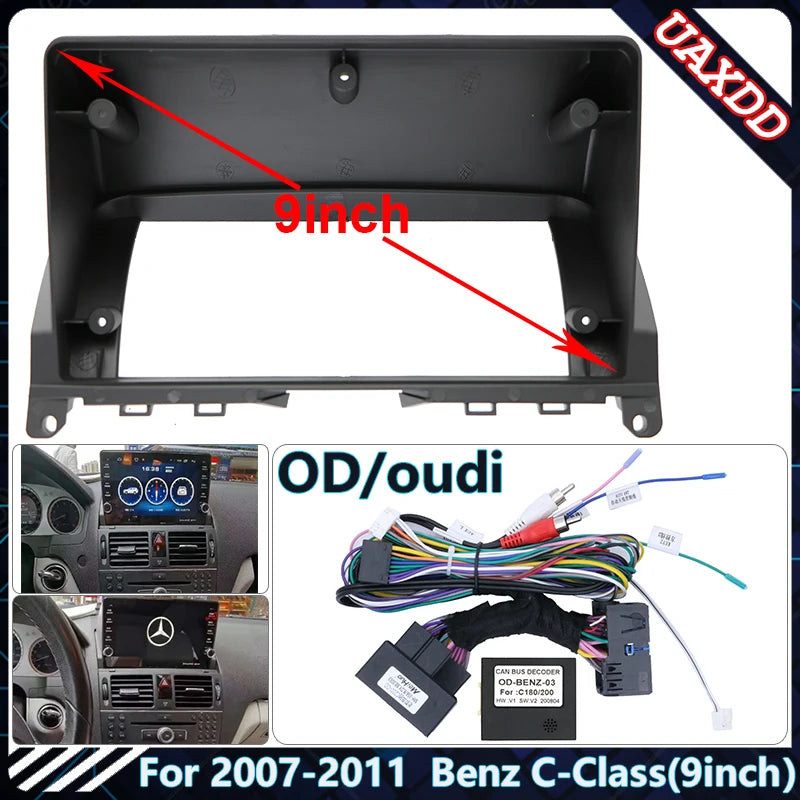 Car Radio Fascia Frame For 2007-2011 Benz C-Class 9INCH Stereo Panel Wire Harness Power Ca