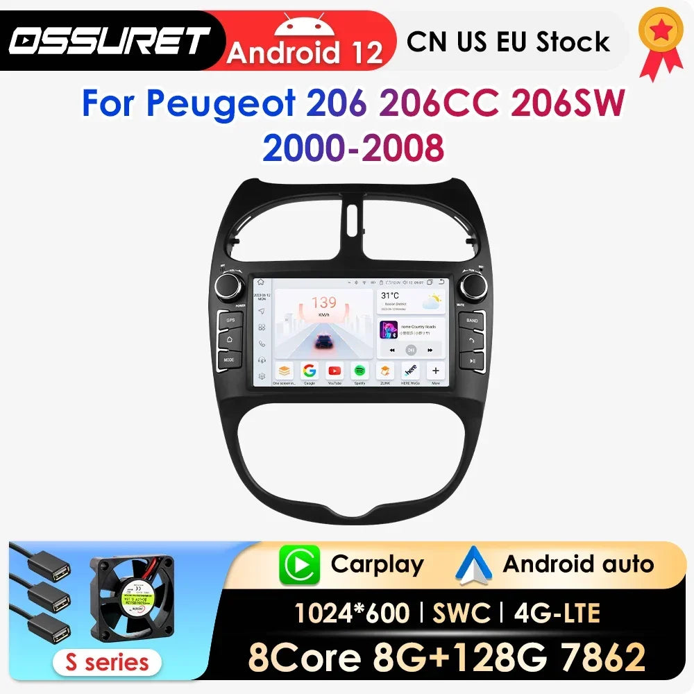 2Din Carplay Android Auto Car radio For PEUGEOT 206 206CC 206SW 2000-2008 Multimedia GPS 2
