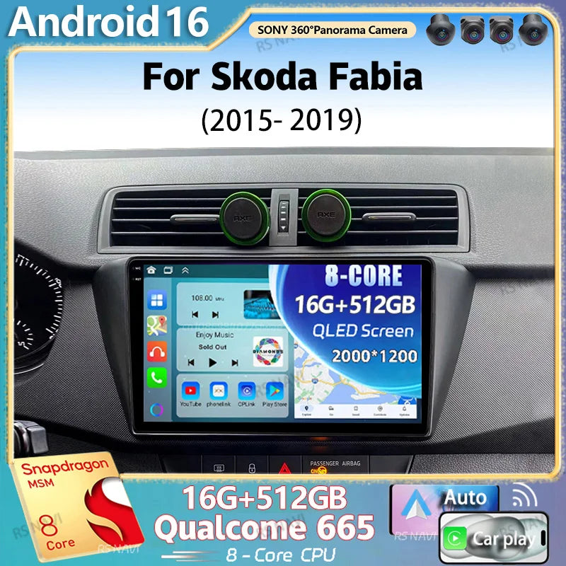 Android 16 For Skoda Fabia 2015 - 2019 2K QLED Android Car Radio Multimedia Video Player G