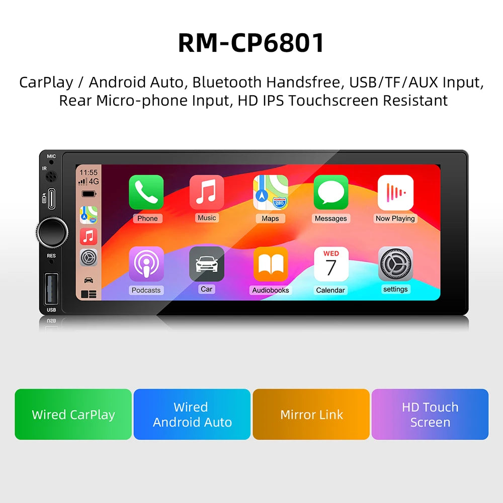 IPS 6.9 Inch 1Din Wired Carplay Android Auto Car Radio Multimedia Video MP5 Player Touch S | AUTOKITSHOP