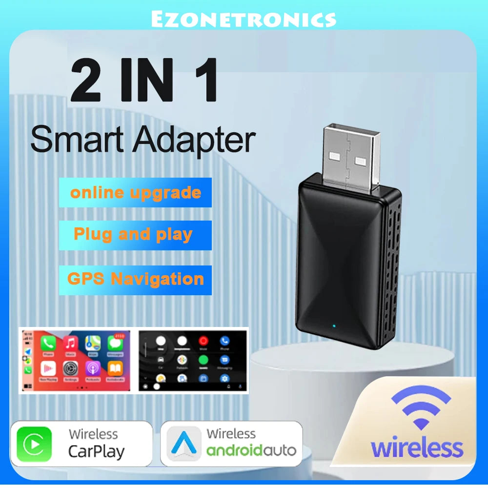 2in1 Wired to Wireless CarPlay Android Auto Adapter for OEM Car Stereo With USB Plug and P