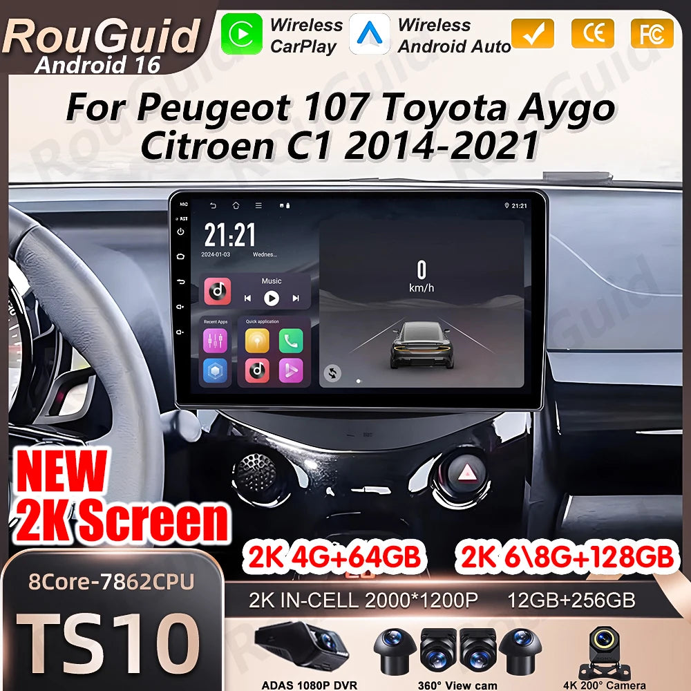 Android 16 Auto Car Radio For Toyota Aygo Peugeot 108 Citroen C1 2014-2020 Wireless Carpla | AUTOKITSHOP