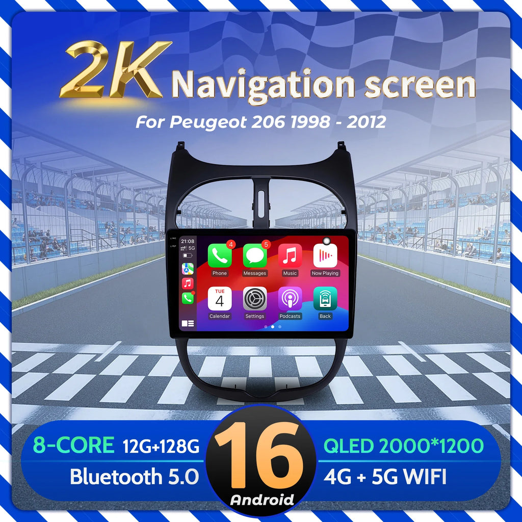 9 inch Car Radio Android 16 For Peugeot 206 1998-2012 BT Carplay Multimedia Navigation Hea
