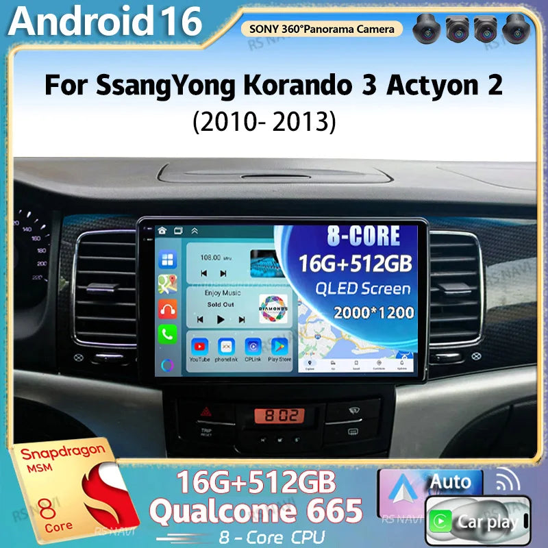 Android 16 For SsangYong Korando 3 Actyon 2 2010 - 2013 2K QLED Android Car Radio Multimed