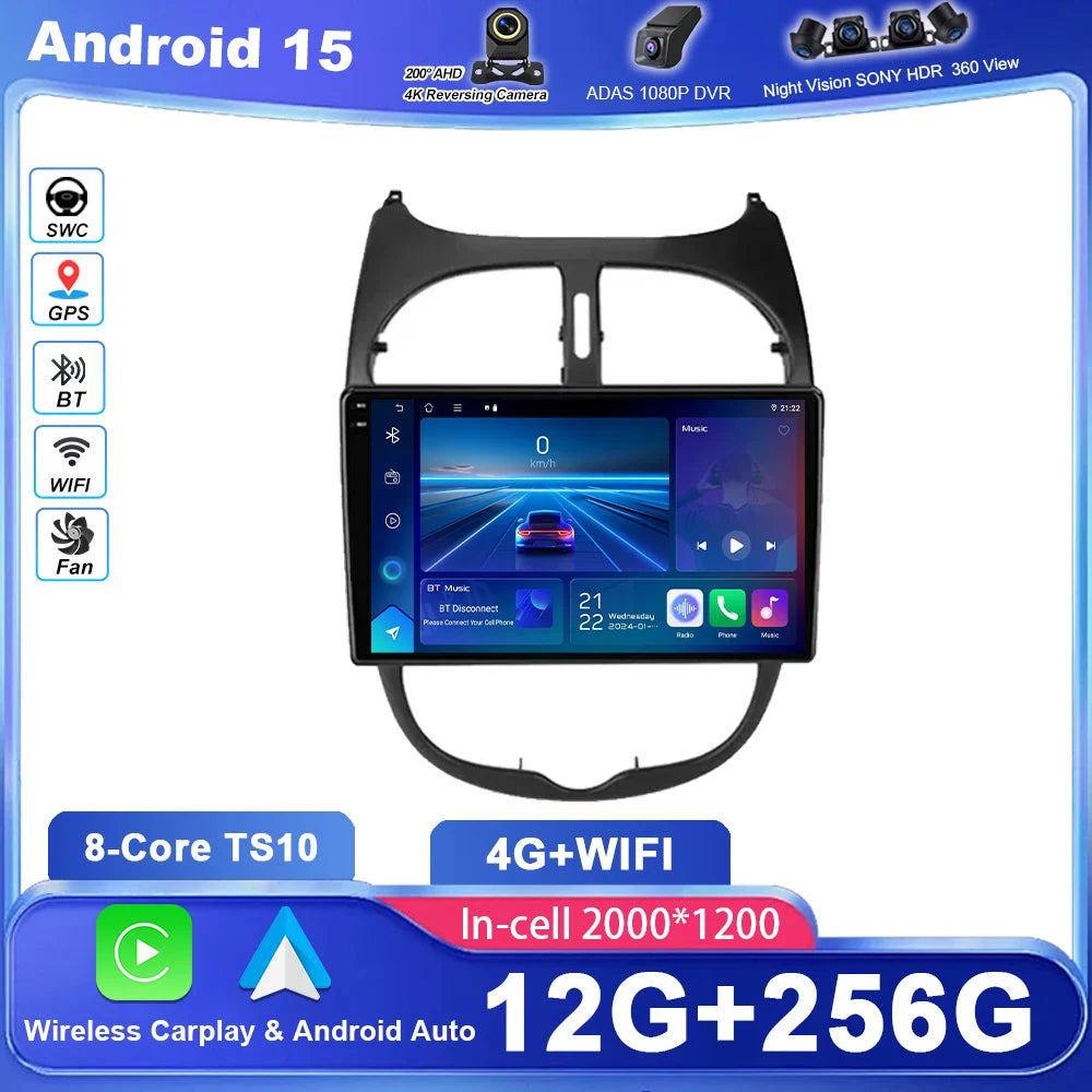 Android 15 GPS Navigation For PEUGEOT 206 206CC 206SW 2001 -2016 Auto Radio Stereo Multimi