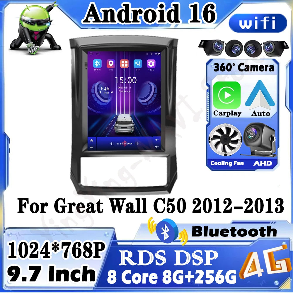 9.7 lnch DSP IPS Screen For Great Wall C50 2012-2013 Android 16 Carplay Auto Car Radio Mul