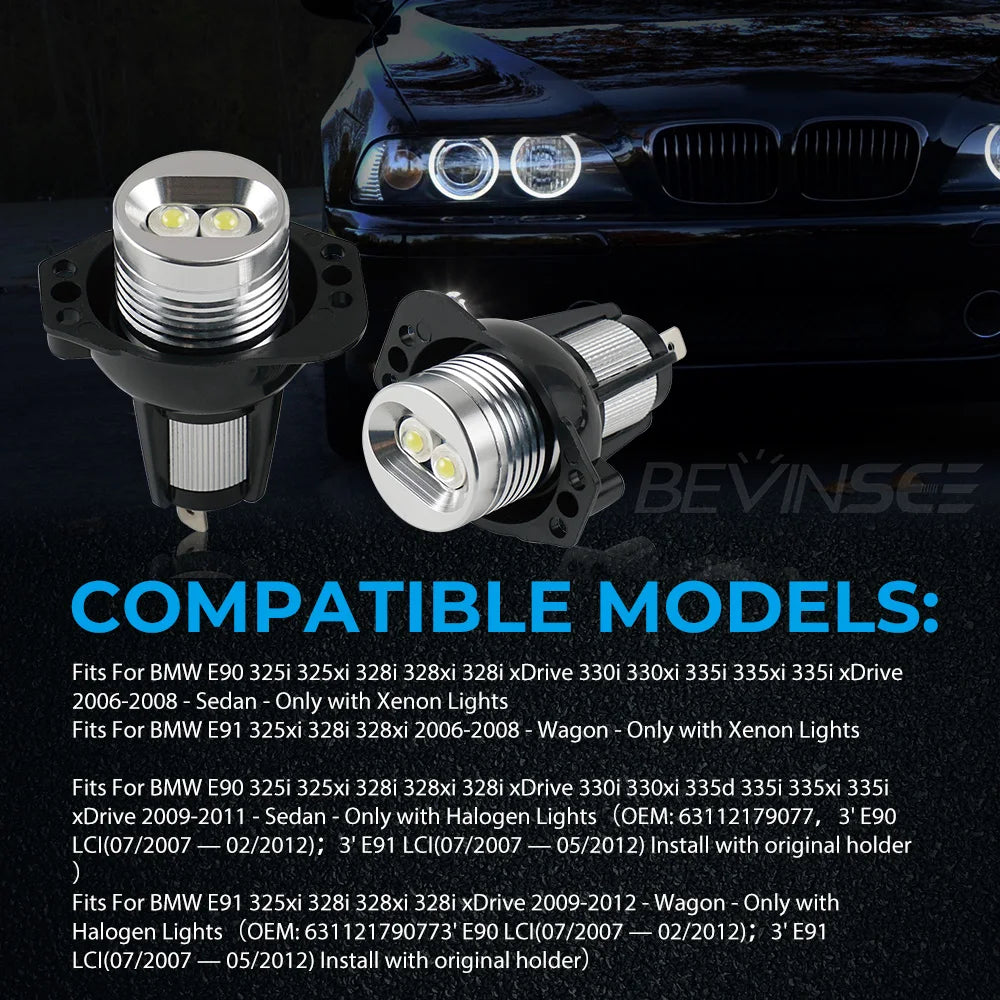 For BMW E90 E91 325i 325xi 328i 328xi 335i 335xi M3, 2pcs 10W LED Angel Eyes Ring Marker B