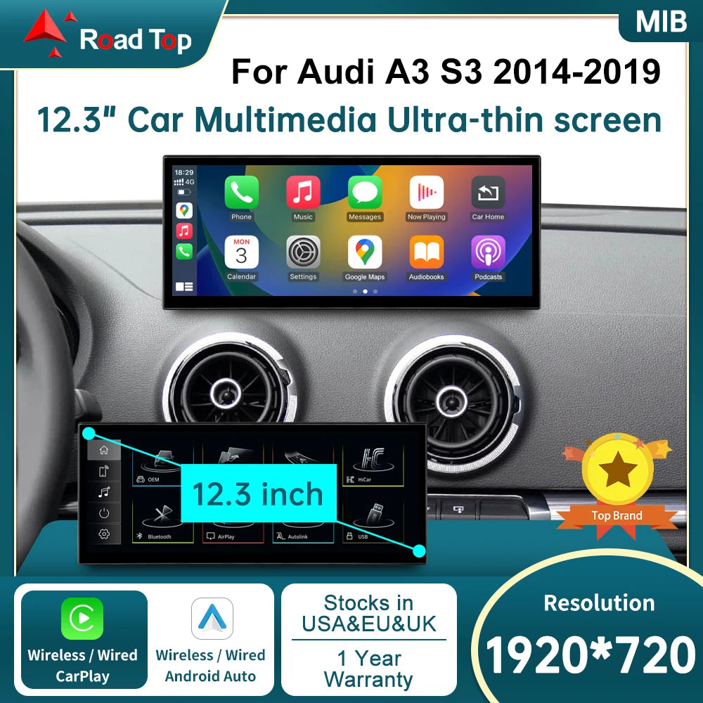 RoadTop 12.3 inch Wireless CarPlay For Audi A3 S3 B9 MIB MIB2 2014-2019 Multimedia Linux A