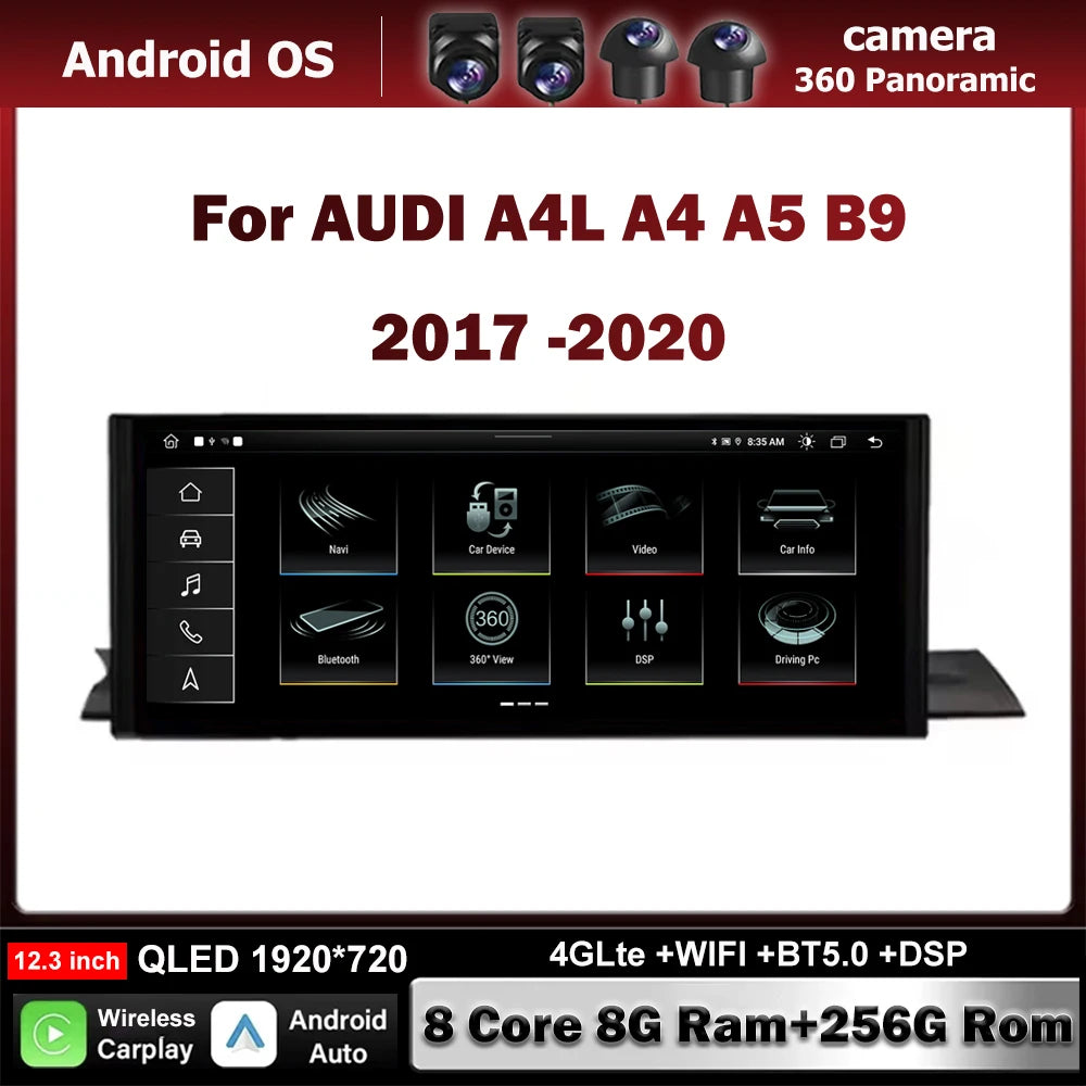 Android Auto Carplay Monitor Stereo Carplay 12.3 Inch For AUDI A4L A4 A5 B9 2017 2018-2020