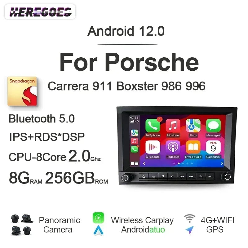 7" Android 12 Car Radio GPS with 8G 256GB, Carplay, Bluetooth, WiFi for Porsche 911 996 986 Boxster Carrera 1998-2006 -