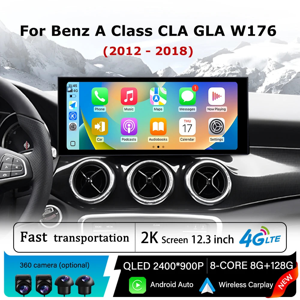 QLED Touch Screen Android 14 Car Multimedia Radio Player for Mercedes Benz A Class CLA GLA