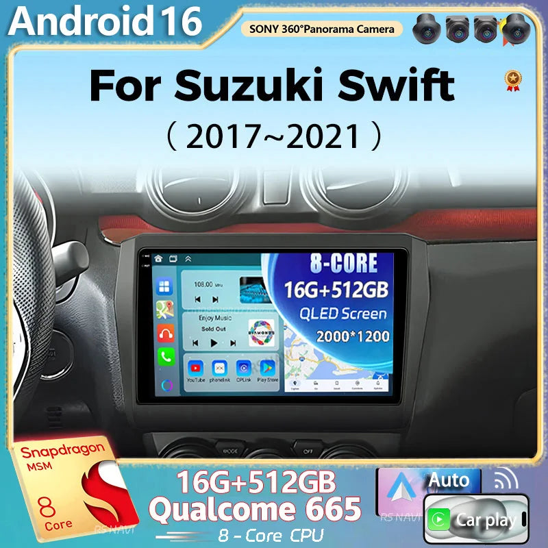 Qualcomm Android 16 For Suzuki Swift 2017-2021 2K QLED Stereo Car Radio Video Player GPS A
