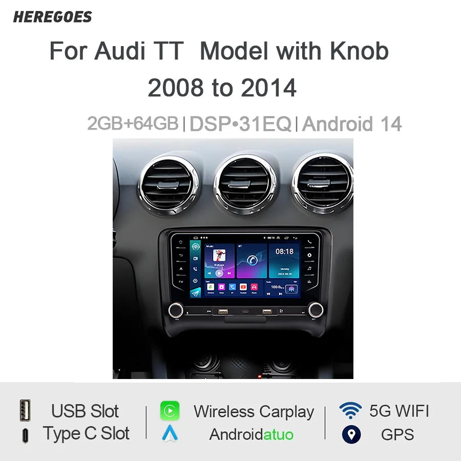 7" Android Car Radio GPS for Audi TT 2008-2014 Type-C Wireless CarPlay Android Auto Bluetooth Steering Control - 2GB 64G