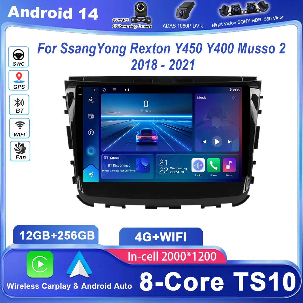 Car Android 15 Radio Stereo For SsangYong Rexton Y450 Y400 Musso 2 2018 -2021 Auto High-Pe