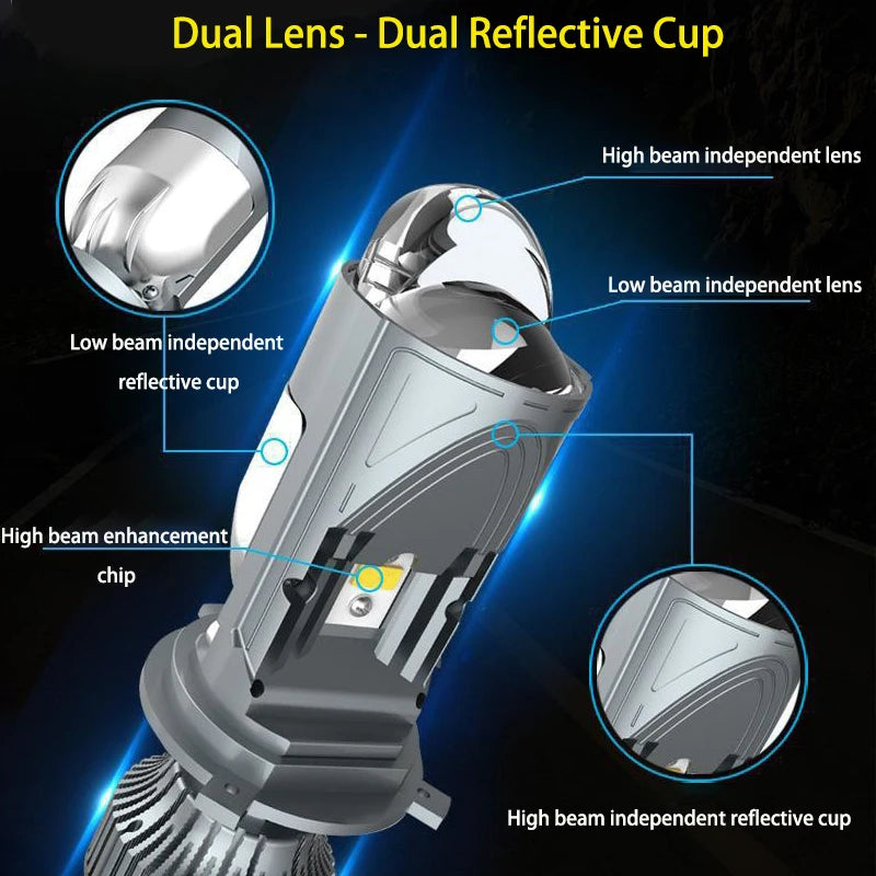 H4 Bi LED Projector Lens Headlight 30000LM 6000K Conversion High Low Beam Mini Dual Lens B