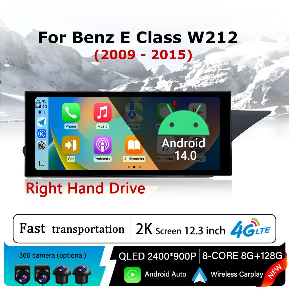 Android 14 Right Hand Drive for Mercedes Benz E Class W212 2009 - 2015 Wireless CarPlay Ca