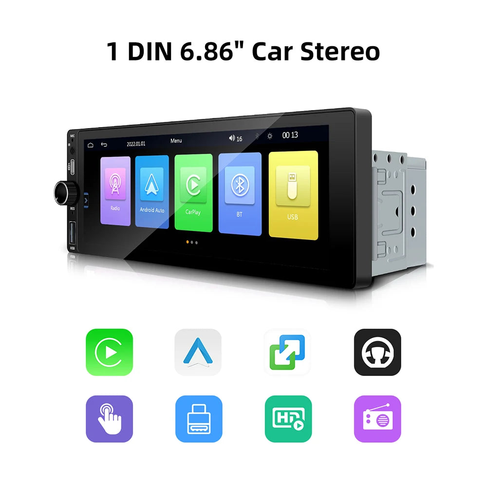 1DIN 6.86inch Universal MP5 Car Radio Support Wireless Carplay Android AUTO AUX USB  BT Touch Screen Multimedia Video Player