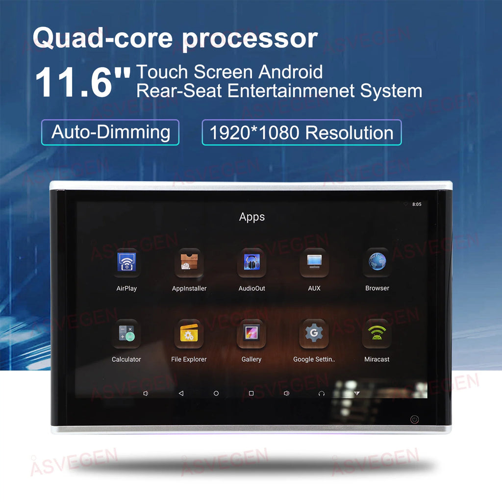 Universal 11.6" 4K Android 16 Headrest Monitor Wireless Mirroring 8-Core 4G 64G HDMI WiFi