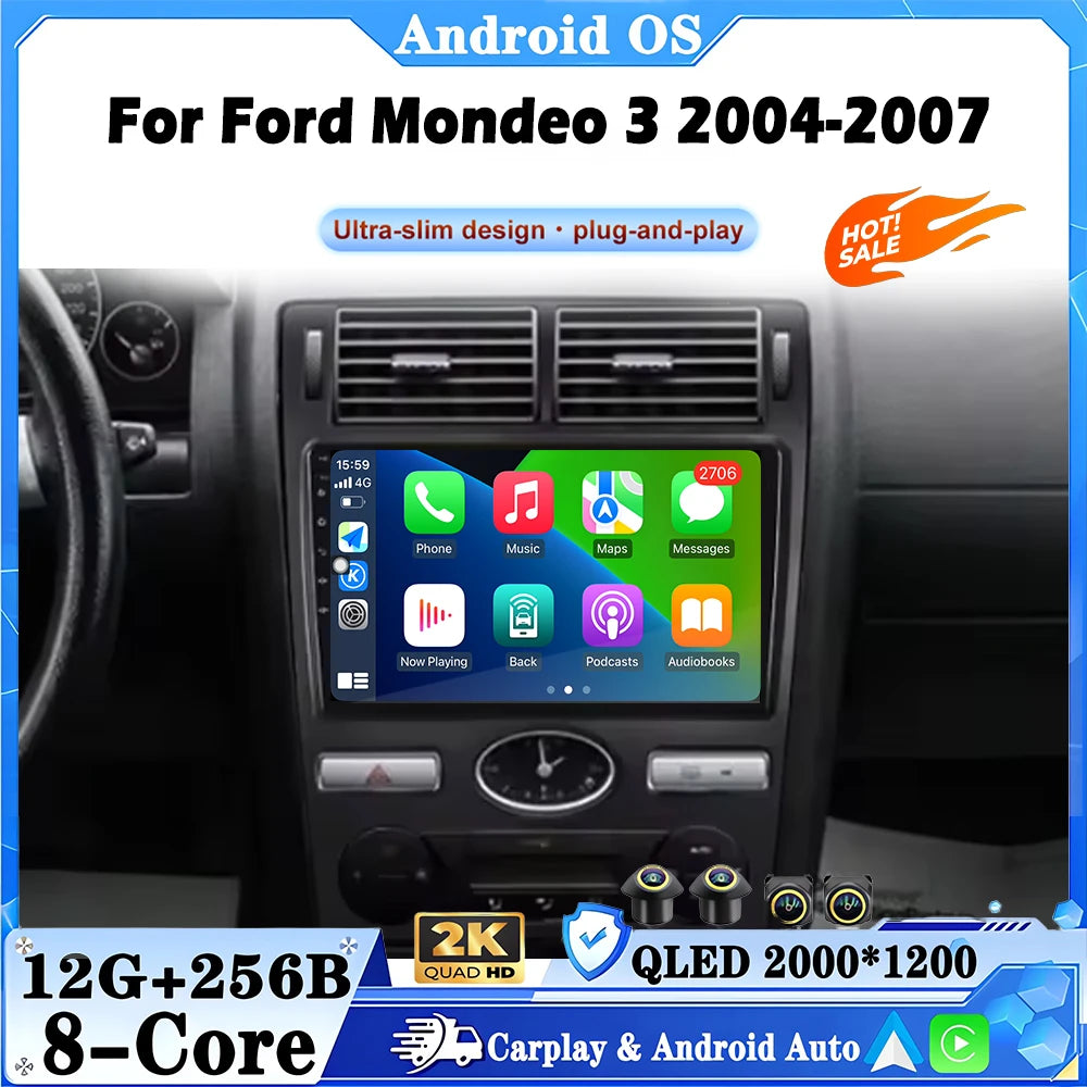 QLED 2400*1200P Android 16 For Ford Mondeo 3 2004-2007 Car Radio 9" 4G BT Stereo Multimedi