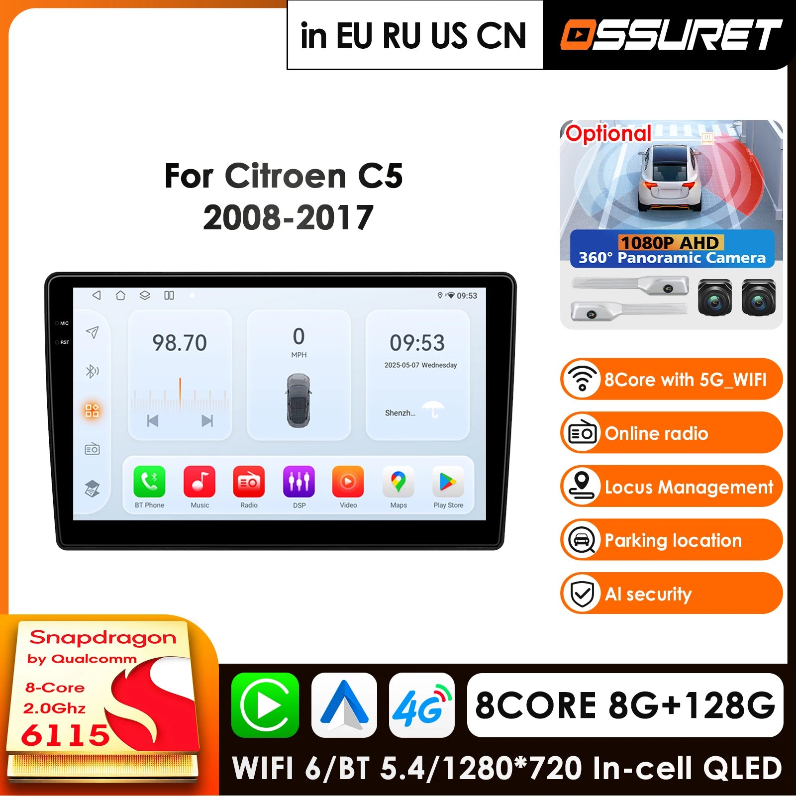 10.1" Car Radio GPS for Citroen C5 2008-2017 - CarPlay Android Auto Bluetooth WiFi FM RDS AI Multimedia Player