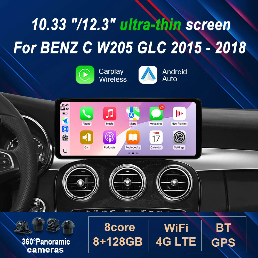 Android 14 for Mercedes BENZ C CALSS W205 GLC 2015 - 2018 Wireless Carplay GPS 10.33 "/12.