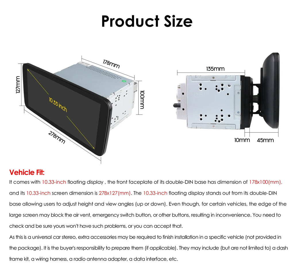 10.33inch 2DIN Universal Android Car Radio Multimedia Video Player Rotatable Auto Touch Sc
