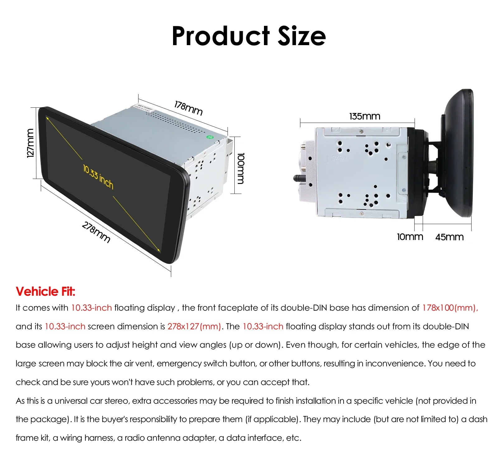 10.33inch 2DIN Universal Android Car Radio Multimedia Video Player Rotatable Auto Touch Sc