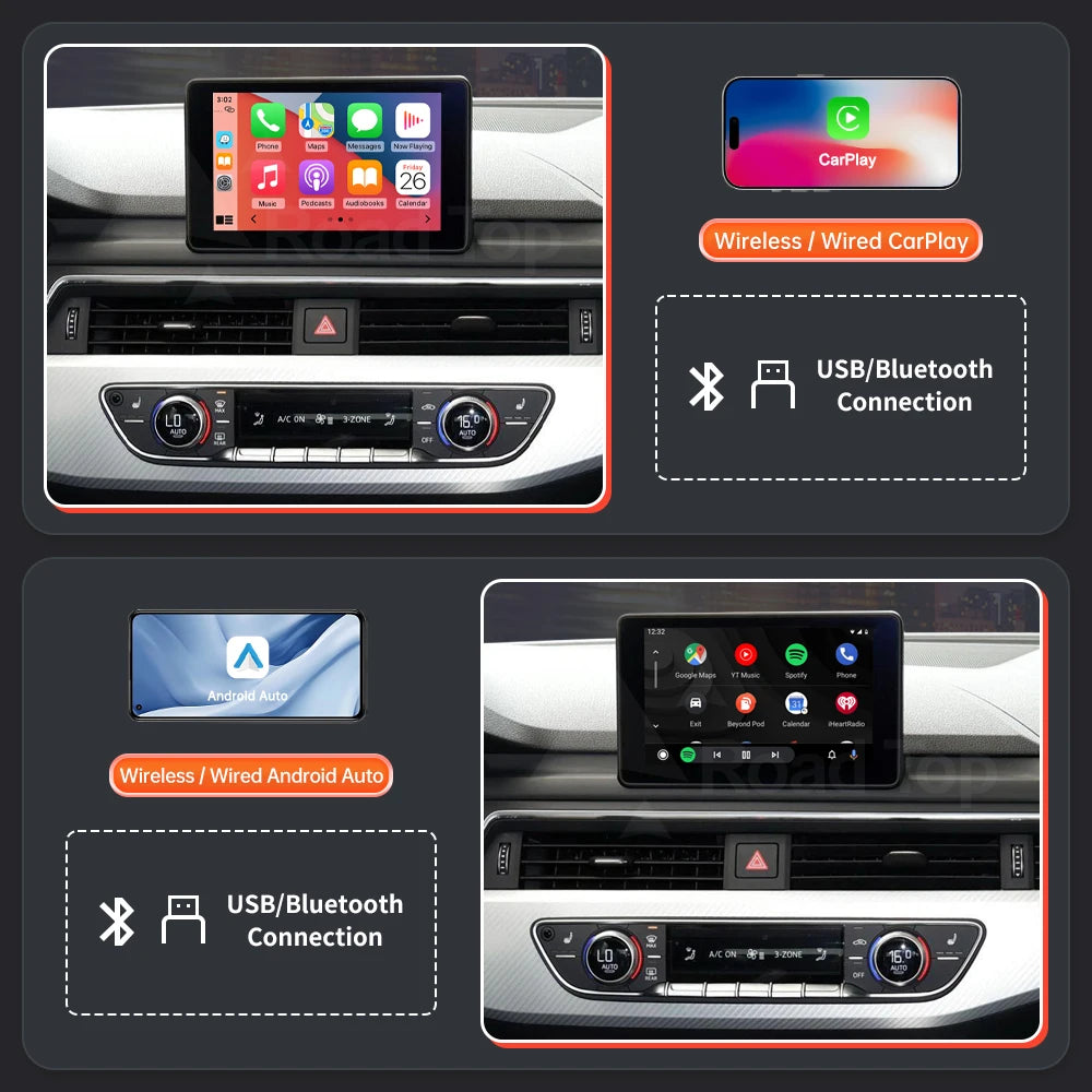 Road Top Wireless CarPlay For Audi A3 A4 A5 Q2 Q7 Q5 2016-2020 with Android Auto Mirror Li | AUTOKITSHOP