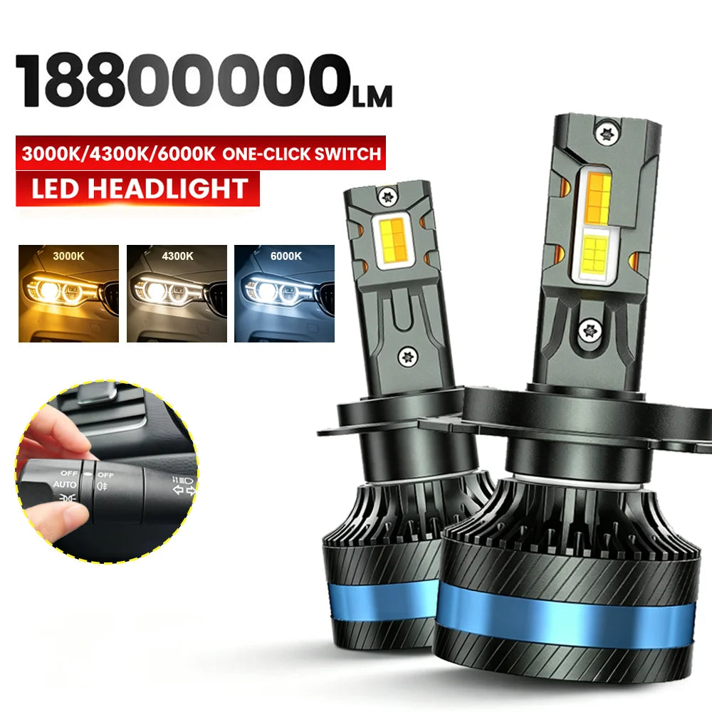 H4 LED H11 9005 HB3 9006 HB4 9012 H7 6000K 4300K 3000K LED Bulb Three Color One-Click Swit