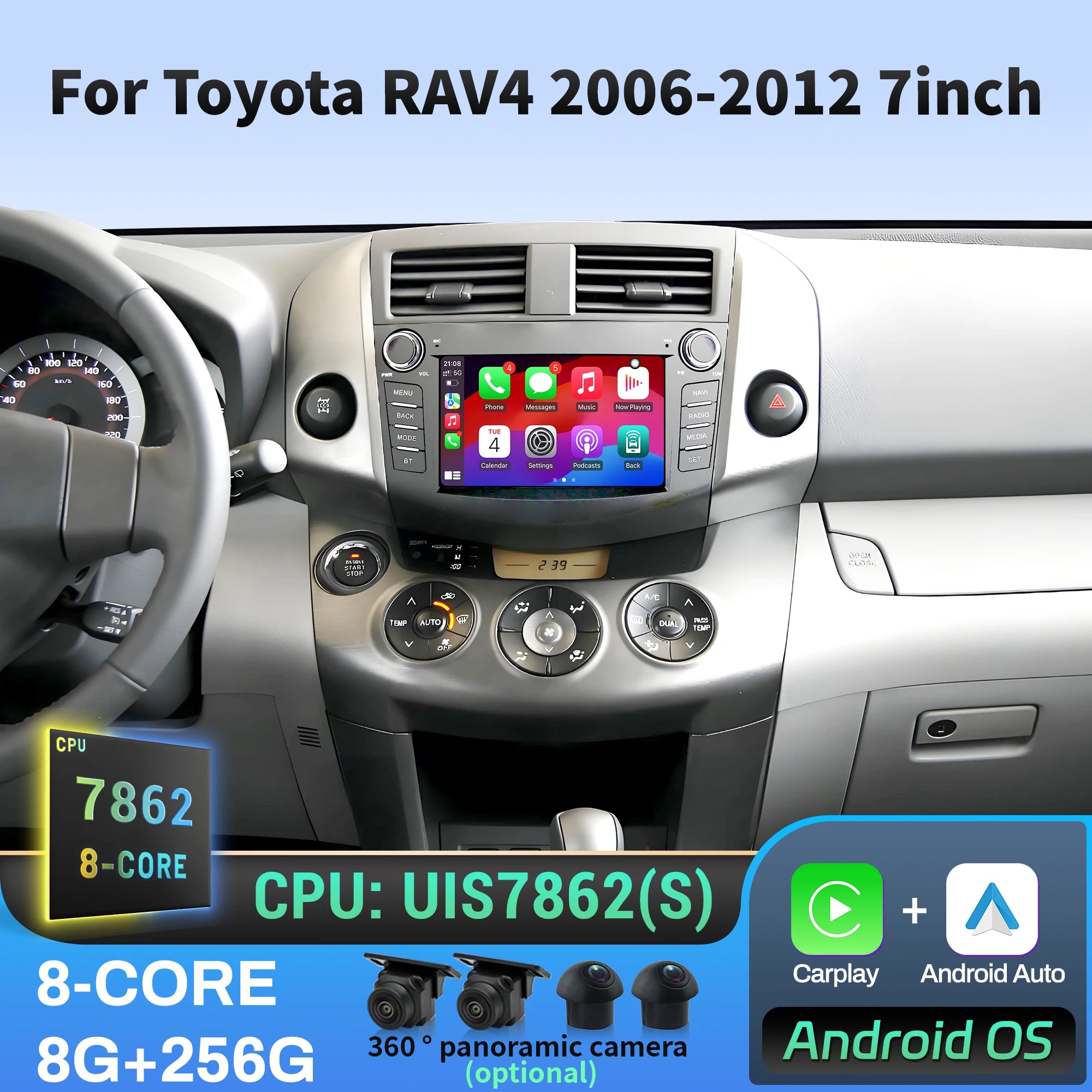 7 inch Android 14 Car Radio For Toyota RAV4 2006 2007 2008 2009 2010 2011 2012 Wireless Bl